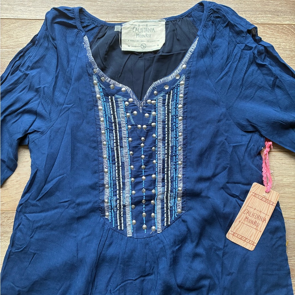 NWT CALIFORNIA MOONRISE Navy Blue Embroidered Dress M - Picture 4 of 8